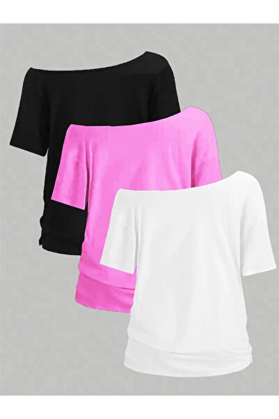 NoVibe طقم تي شيرت نسائي بياقة قارب مكشوفة الكتف مكون من 3 قطع