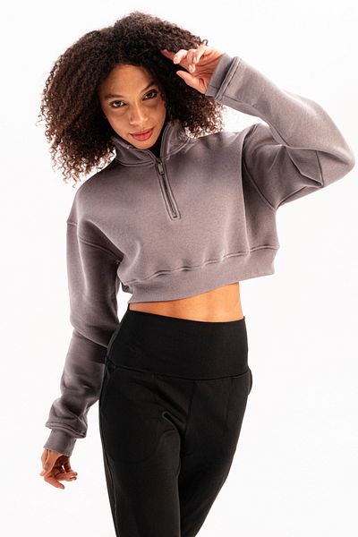C&City Crop Stand Collar Semi-Zipper Ribbon Women's Sweatshirt Vibe Gray