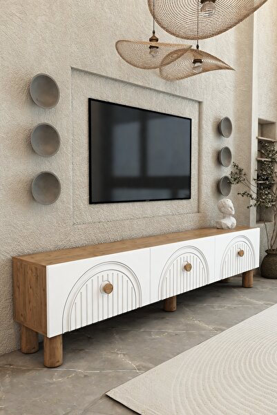 izcodesign Bohem 150 cm Atlantik Çam 3 Kapaklı TV Ünitesi – MDF Mebran Kapaklı Modern TV Sehpası