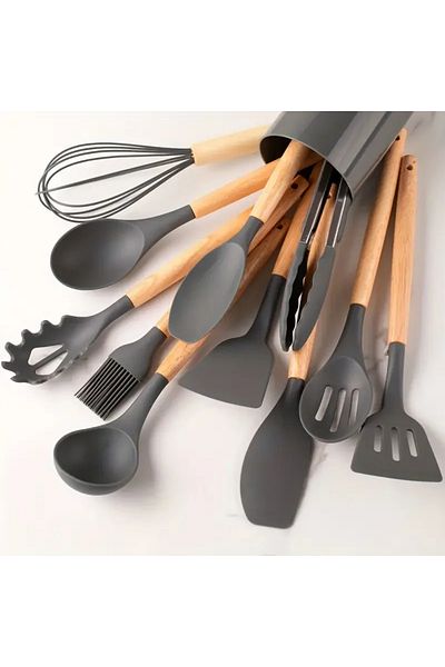 DUTRIEUX 12pcs gray 12pcs Set of Multi-color Silicone Wooden Handle Kitchenware Set Non Stick Pot Spatula and