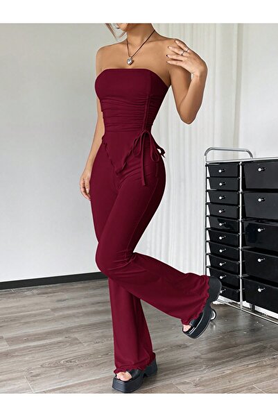 Marin Star Set de top cu fund cu șnur lateral asimetric de vară burgundă, set...