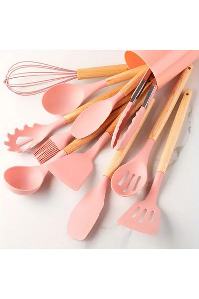 DUTRIEUX 12pcs pink 12pcs Set of Multi-color Silicone Wooden Handle Kitchenware Set Non Stick Pot Spatula and