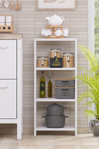 Cosargroup Bohem 4 Raflı 40 Cm Dekoratif İskandinav Mutfak Rafı Malzeme Dolabı Çok Amaçlı Dolap