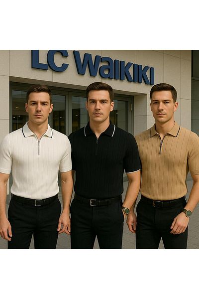 LC Waikiki 3-Piece Advantageous Polo Neck Zippered Short Sleeve Men's Summer Knitwear Premium Quality T-Shirt / T-Shirt