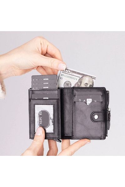 Enseb Rhodes Genuine Leather, Handmade, Pop-Up Card Holder Wallet, Glossy Black