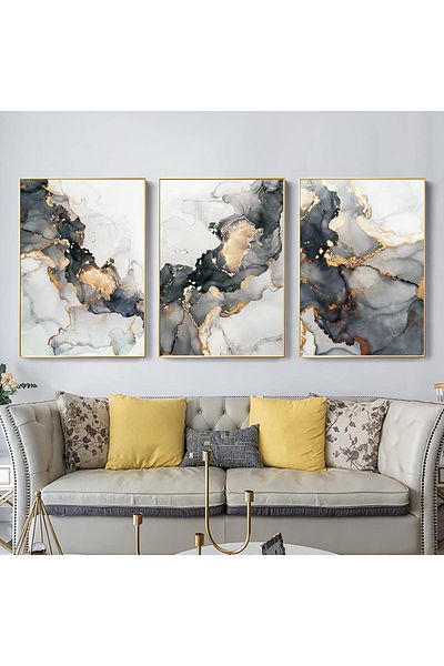 Generic YUWONDESS Marble Canvas Art Paintings Modern Abstract Foil Lines Gold Black Prints Contemporary Hom