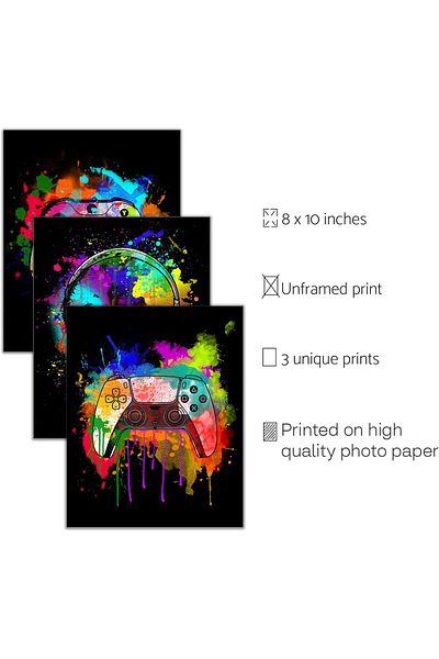 Generic HerZii Prints Watercolor Gaming Posters Set of 3 (8x10), Boys Room Wall Decorations for Bedroom, Ga