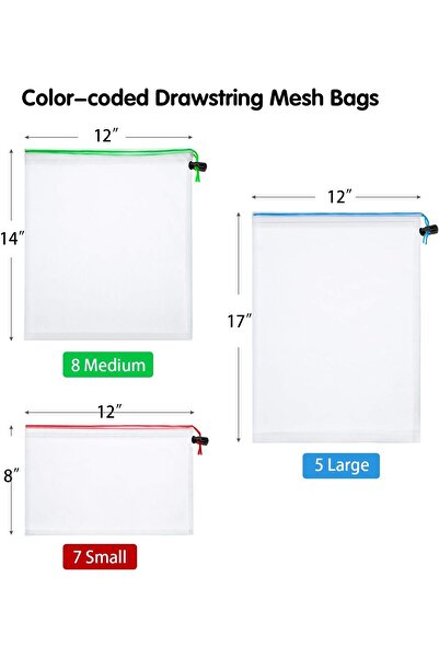 Frienda 20-Pack Mesh Organizing Bags (5 Large, 8 Medium, 7 Small) - Washable Reusable