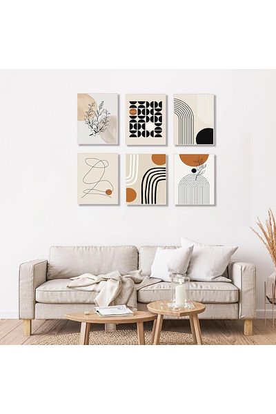 Generic Abstract Boho Wall Art Prints Set of 6, Minimalist Geometric Boho Wall Art Orange Beige Palm Leaf L
