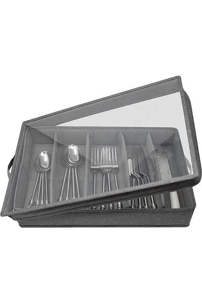 Generic Flatware Storage Box, Silverware Storage Case with PVC Lid and Handles, 5 Compartment Silverware Bo