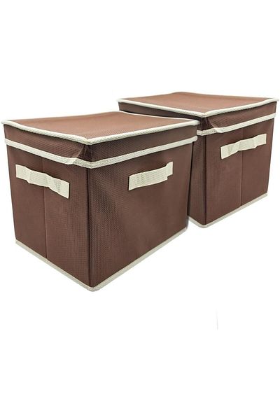 Generic Set of 2 Brown Storage Boxes with Lids - Square Fabric Organizer for Clothes, Coffee Tools, Toys, S