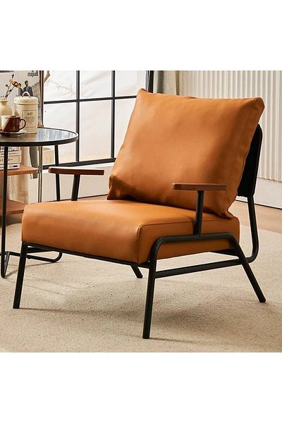 Generic Leather Accent Chair with Wood Armrest, Modern Chair, Lounge Armchair, Metal Framed Orange