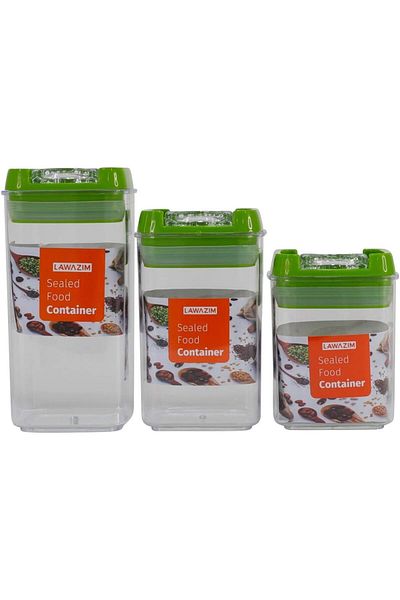Generic Lawazim Sealed Food Container - 3 Piece Square Green - Transparent BPA-Free Plastic Jars with Lids