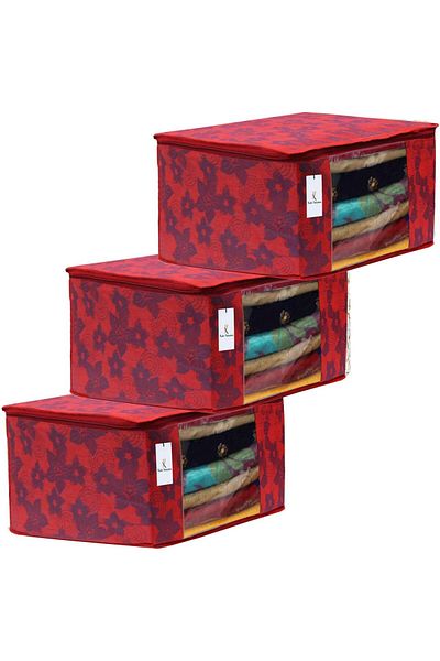 Generic Kuber Industries Metalic Flower 3 Piece Non Woven Clothes Organizer Set, Large, Red, 43X35X17.5 Cm
