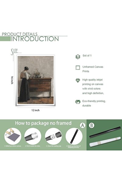 Generic Vintage Danish Canvas Wall Art - Woman Reading Oil Print, 12×16, Gray (uoyien)