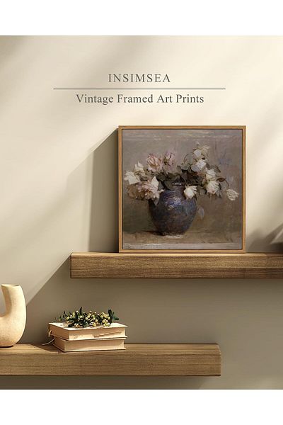 Generic InSimSea Flowers Square Framed Farmhouse Wall Art Prints, 12x12in Vintage Classical Floral Rose in