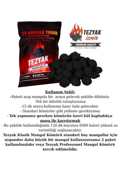 TEZYAK Klasik Tek Kibritle Yanan Yeni Nesil Mangal Kömürü (2 Kg)