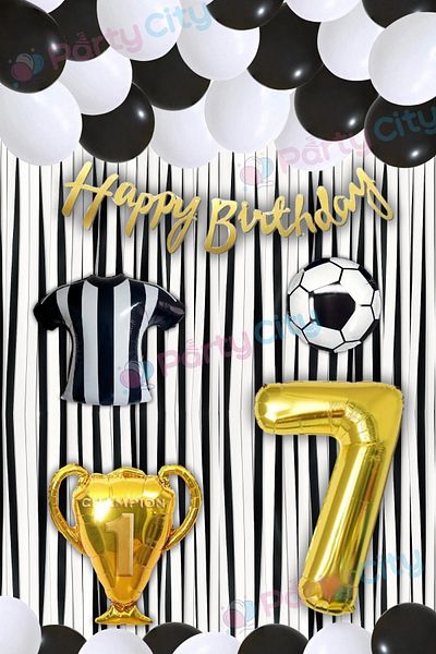 Party City 7 Years Old Black and White Birthday Party Ornaments |   Football Themed Balloon and Backdrop Set