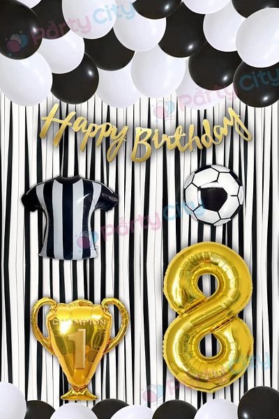 Party City 8 Years Old Black and White Birthday Party Ornaments |   Football Themed Balloon and Background Set
