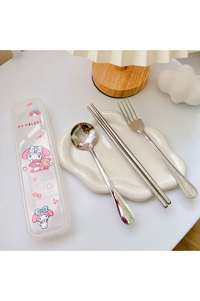 Miniso C Sanrio Cutlery Set Mymelody Kuromi Kawaii Spoon Fork Chopstick Tableware Set Portable Dinnerware .
