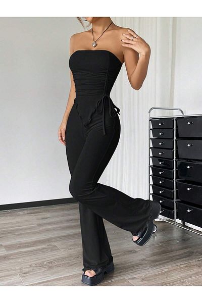Wild Flower Black Strapless Gathered Asymmetrical Flared Leg Bottom Top Set
