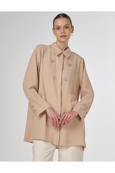 Kayra Πέτρινο Κεντημένο Crepe Tunic Beige