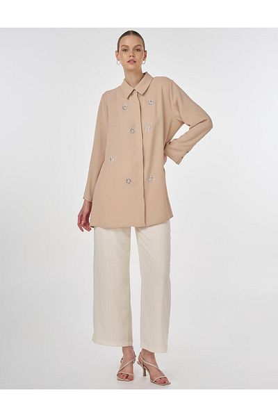 Kayra Πέτρινο Κεντημένο Crepe Tunic Beige