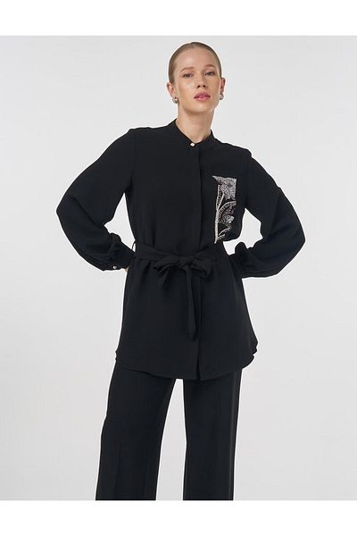 Kayra Judge Collar Belted Tunic Black