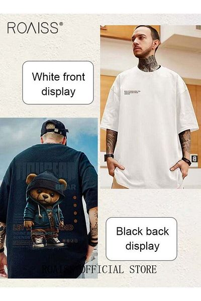 ROAISS 2 Pack Summer New Fashion Men's Large Size Short-Sleeved T-Shirt Creative Bear Print Cotton Casual L