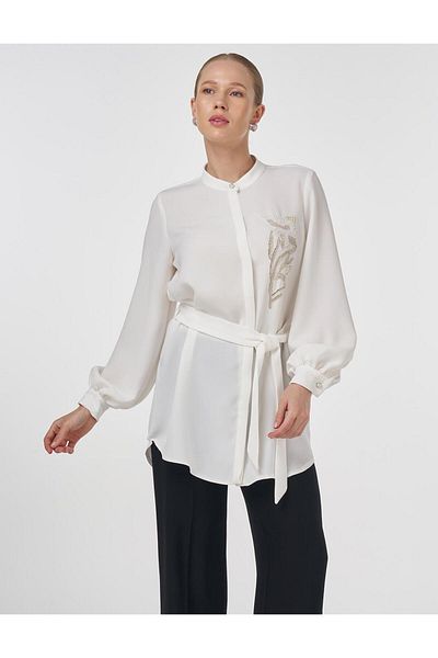 Kayra Judge Collar Belted Tunic Optical White