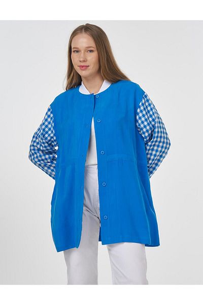 KYR Plaid Garnished College Collar Tunic Cobalt Blue