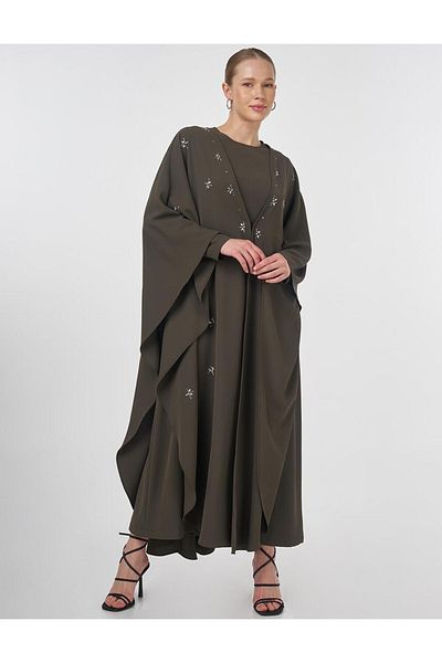Kayra Πέτρινο Κεντημένο Σετ Abaya Χακί