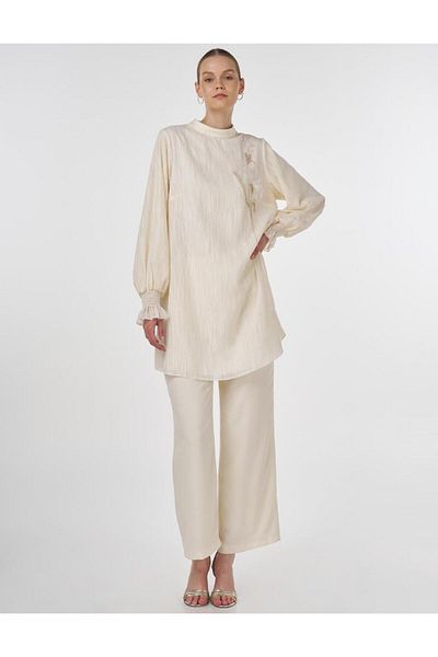 Kayra Embroidered Tunic with Gipe Stitched Wrists Ecru