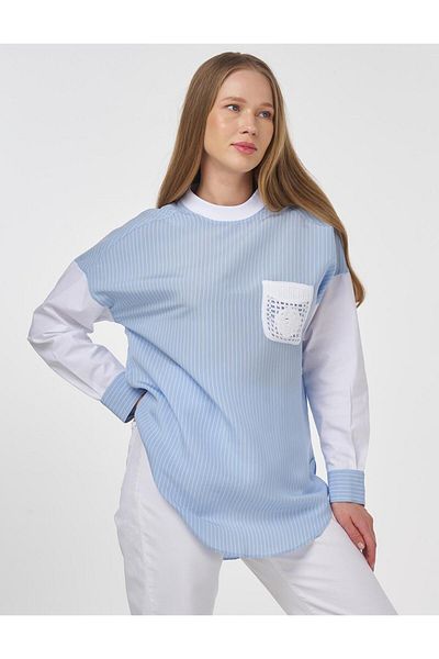 KYR Lace Appliqued Stripe Pattern Tunic Dust Smoke