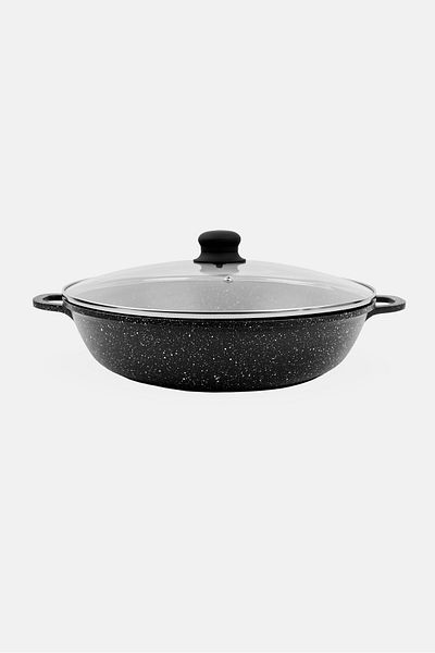 YOTO Cast Aluminium Shallow Casserole With Glass Lid 32 Cm, Black