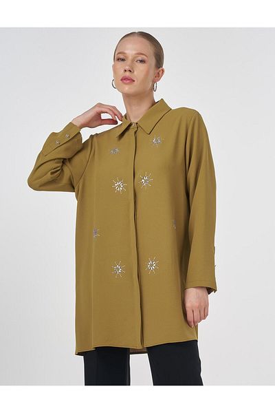 Kayra Stone Embroidered Crepe Tunic Khaki