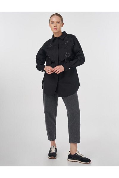 Kayra Embroidery Appliqued Poplin Tunic Black