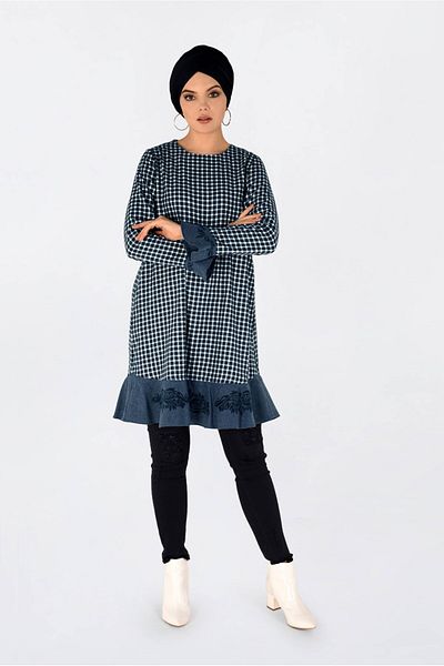 Alvina 4793 Model Gingham Pattern - Flounce Skirt and Embroidered Tunic
