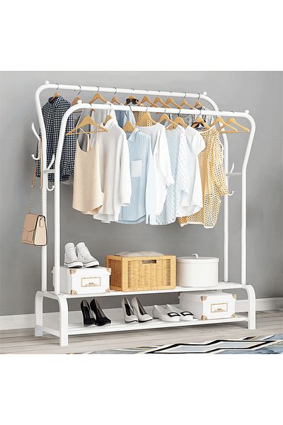 Saharaz Metal Double Clothes Rack With Storage Shelves, Hooks, 110x34x148cm, Organizer for Hanging Clothes