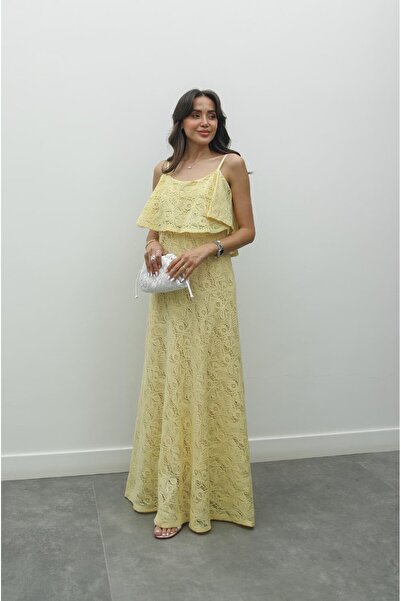 Havoş Yellow Butler Lace Detailed Strap Dress