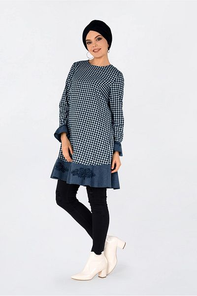 Alvina 4793 Model Gingham Pattern - Flounce Skirt and Embroidered Tunic