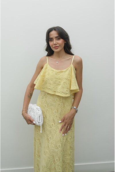 Havoş Yellow Butler Lace Detailed Strap Dress