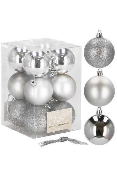 Springos Set of 12 Christmas baubles, 6 cm, with string, matte, glitter, shiny, silver