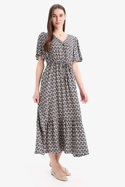 DeFacto V-Neck Floral Print Lace-Up Short Sleeve Midi Summer Dress D2835Ax25Sm