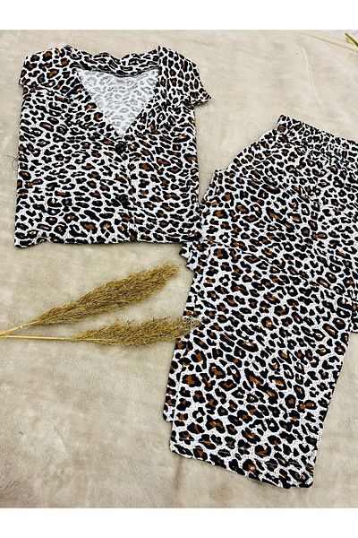vizora moda Leopard Print Cotton Front Button Short Sleeve Pajama Set