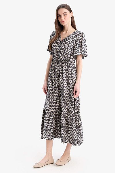 DeFacto V-Neck Floral Print Lace-Up Short Sleeve Midi Summer Dress D2835Ax25Sm