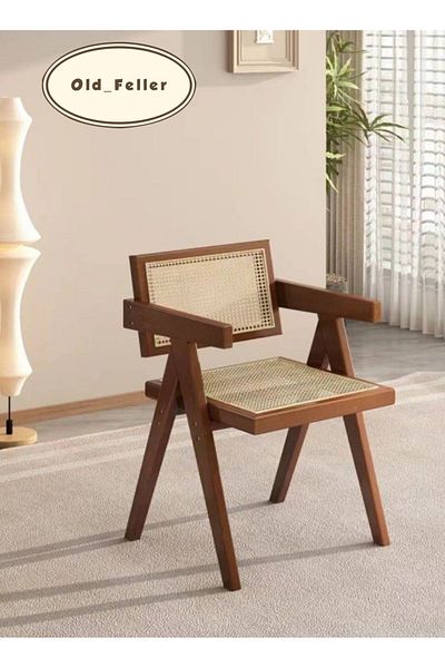Old_Feller Vintage Chandigarh Chair - Rattan Seat, Dark Brown. Fits Dining, Living, Office, Cafe