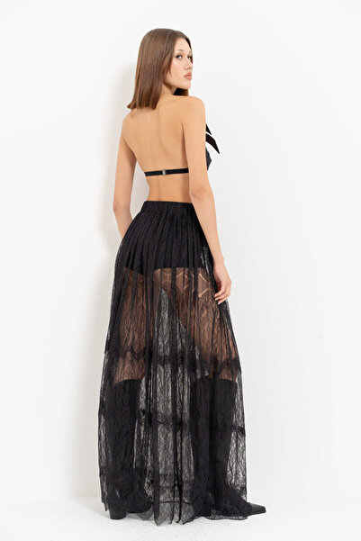Kikiriki Чорна довга спідниця з гумкою на талії та мереживом