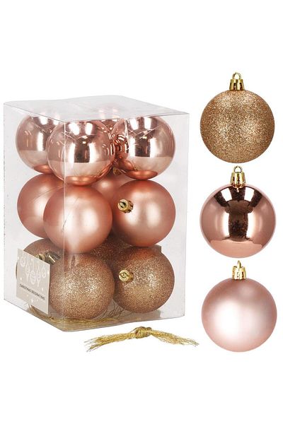 Springos Set of 12 Christmas baubles, 6 cm, with string, matte, glitter, shiny, rose gold