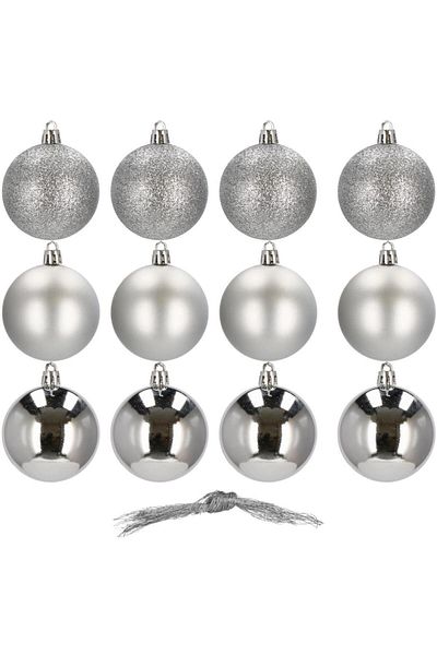 Springos Set of 12 Christmas baubles, 6 cm, with string, matte, glitter, shiny, silver